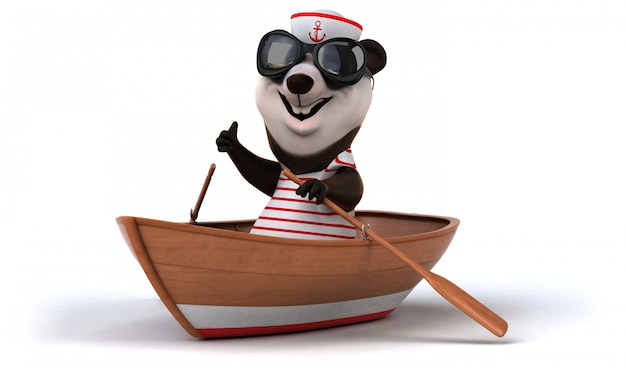 Funny 3d panda bear in a boat rowing