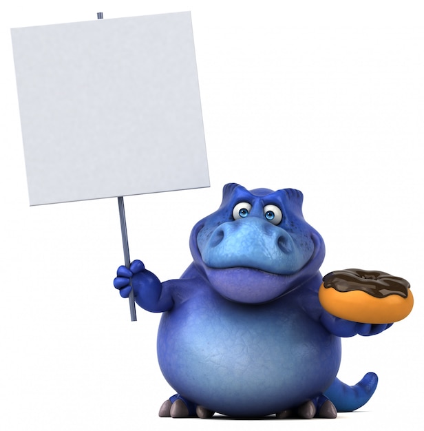 Забавный персонаж 3d динозавр фиолетовый держит плакат и пончик