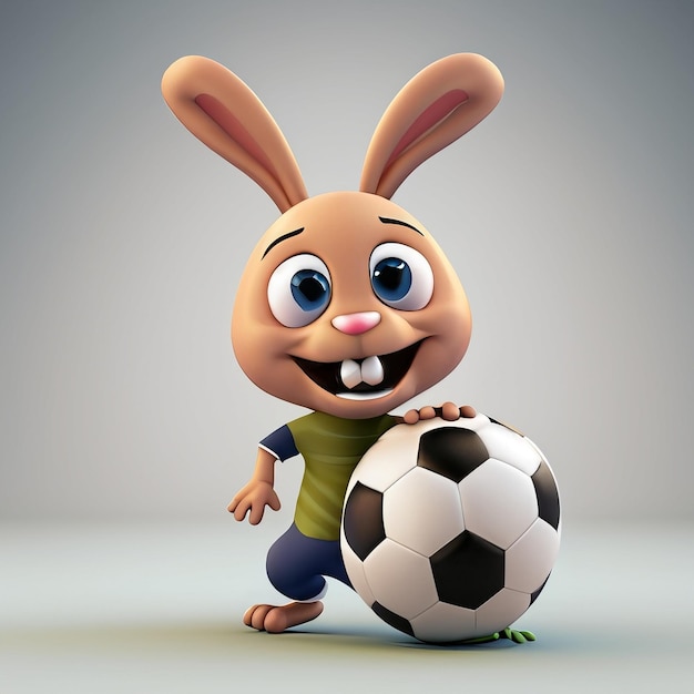 Photo a funny 3d rabbit cartoon character playing soccer