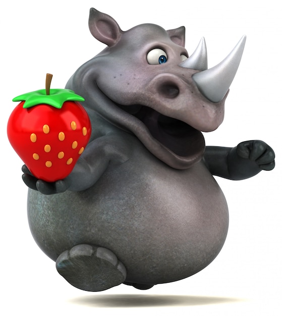 Funny 3d rhino character holding a big strawberry