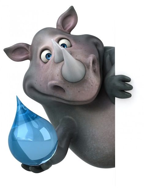 Funny 3d rhino character holding an glass droplet