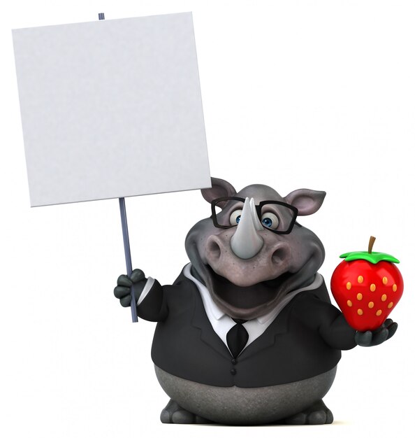 Funny 3d rhino character holding a placard and a strawberry