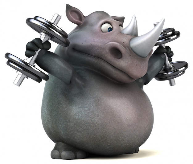 Забавный 3D персонаж носорога, поднятие тяжестей