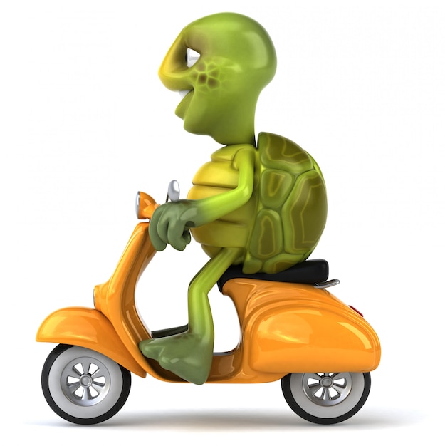 Funny 3d turtle character riding a scooter