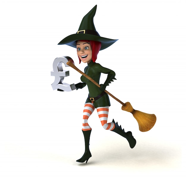 funny 3d witch character holding a broom and a pound icon