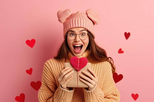 Photo funny adult girl celebrating valentines day portrait of young woman having fun with gift on pink studio background concept of love party surprise heart happy people