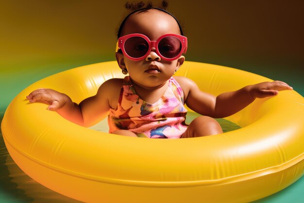 Funny African Baby in the swimming pool with a big yellow float and funny sunglasses Generative AI