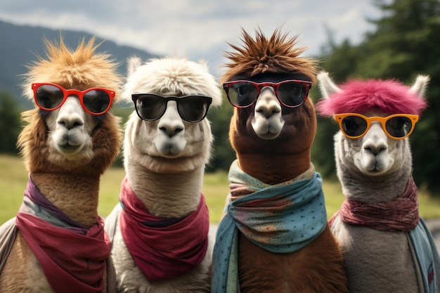 Funny alpacas wearing sunglasses outdoors in summer close up