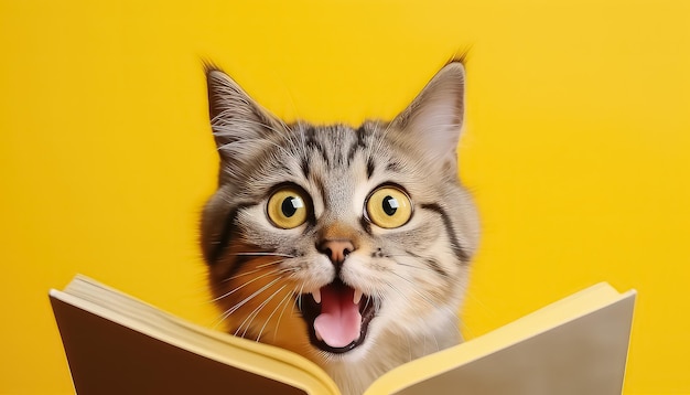 funny amazed cat wear glasses with book on yellow background