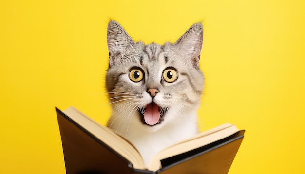 笑える驚いた猫が黄色い背景の本でメガネをかぶっている
