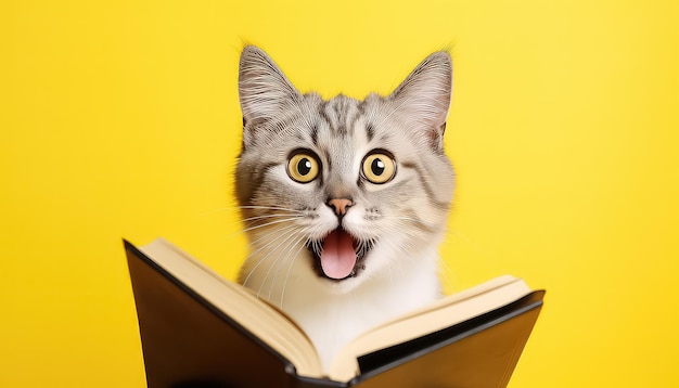 funny amazed cat wear glasses with book on yellow background