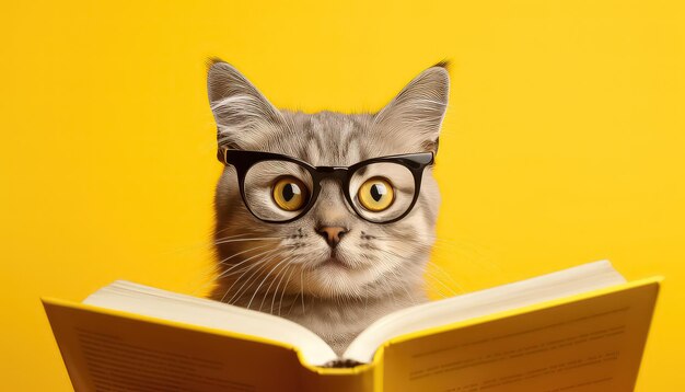 funny amazed cat wear glasses with book on yellow background