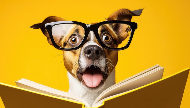 Funny amazed dog wear glasses with book on yellow background