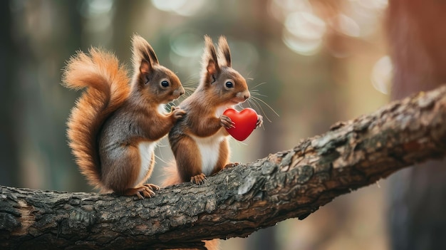 Funny animal Valentines Day love wedding celebration concept greeting card Cute rchipmunks couple holding a red heart red background