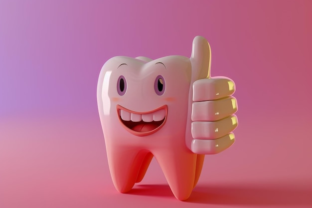 A funny animated tooth shows a class gesture on a pink background 3d animation