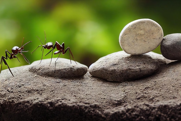 Funny ant crawling over gray stones in search of food