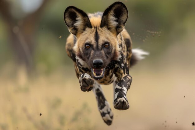 Photo the funny antics of an african wild dog engaging in canine capers