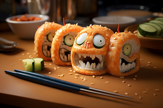 Забавные азиатские рулоны с глазами и зубами вблизи на деревянном столе Избирательный фокус Хэллоуин азиатская еда концепция