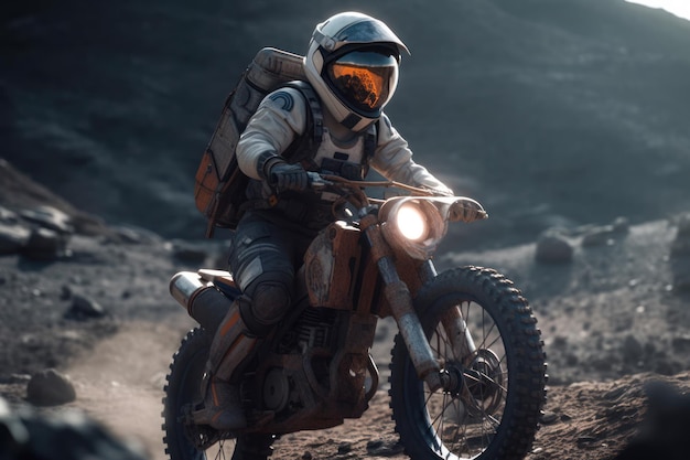 Funny astronaut on bike on moon planet generative ai