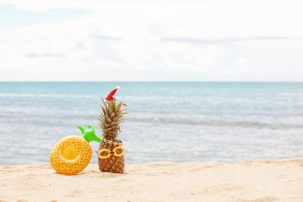 Funny attractive pineapple in stylish sunglass on the sand against turquoise sea. Wearing christmas hats. Christmas and new year vacation concept on tropical beach. Family holiday. Bright
