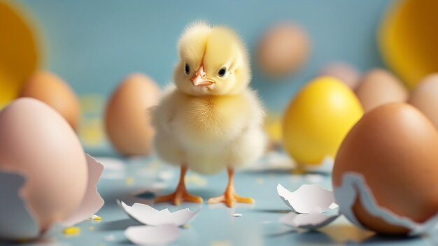 Funny baby chick in eggshell