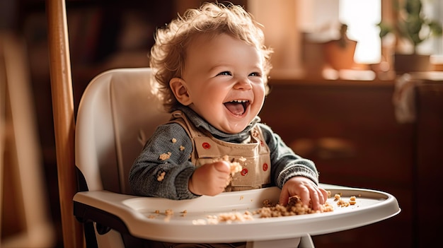 부엌에서 건강한 음식을 먹는 재미있는 아기