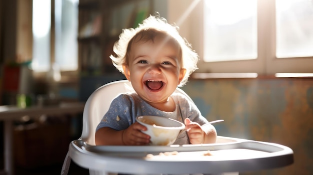 funny baby eating healthy food in kitchen