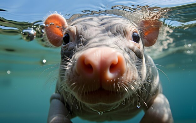 面白い赤ちゃんカバの自撮り写真をクローズ アップ