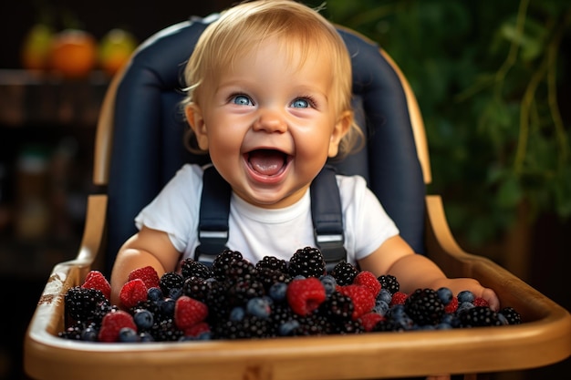 Funny baby with laughing face eating blackberries in high chair