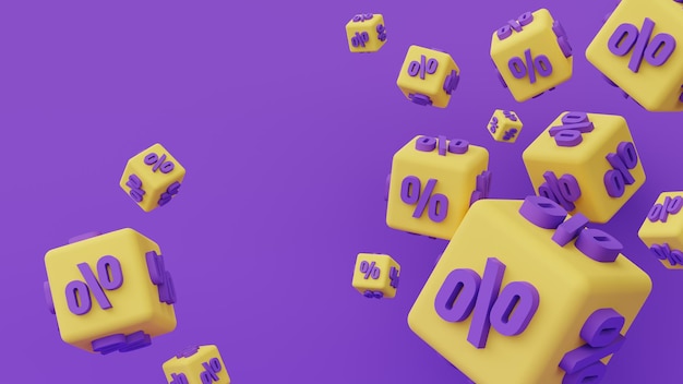 Photo funny background 3d render purple and yellow cubes with percentages for big sale