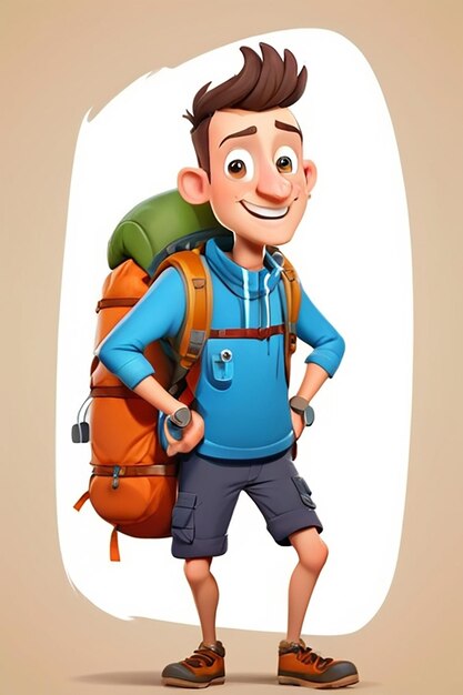 Photo funny backpacker cartoon guy character