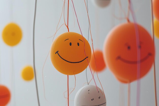 Фото Забавные воздушные шары с улыбающимися лицами на белом фоне концепция позитивных эмоций