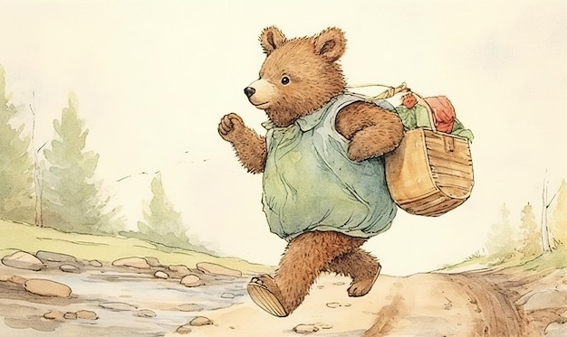 Funny bear in the forest illustration watercolor style