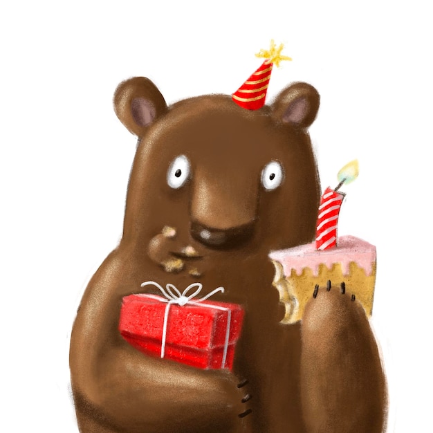 funny bear with cake and present birthday clipart watercolor holiday illustration