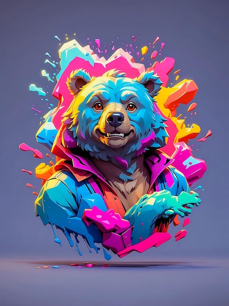 Photo funny bear with colorful paint splashes illustration in vector format