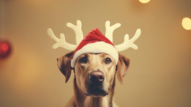 Funny beautiful dog wearing christmas deer costume
