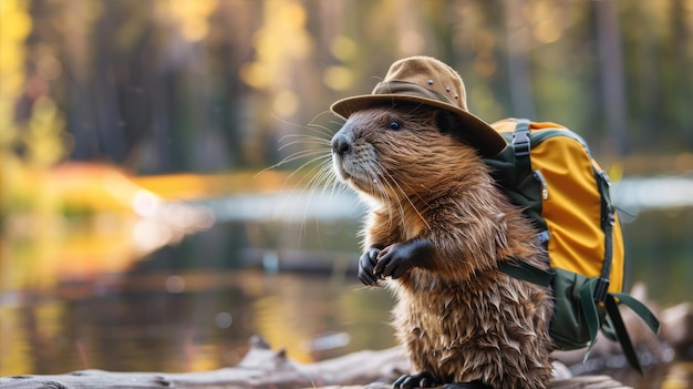 Foto un castoro divertente vestito da viaggiatore naturalista.