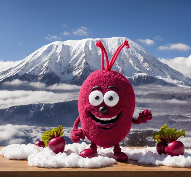 Funny beetroot character on snow with mt fuji in background