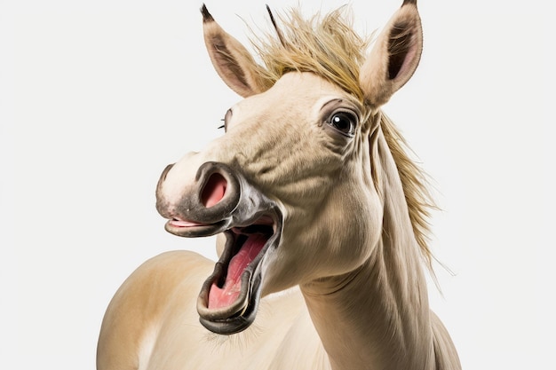 Funny beige laughing horse with hanging ears isolated on white background