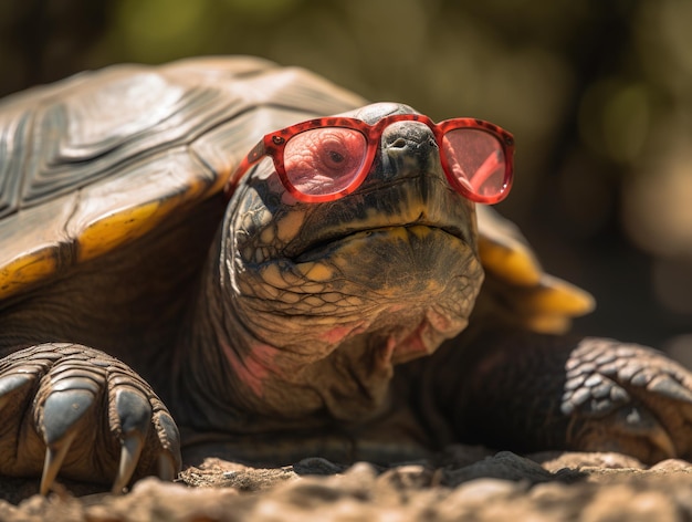 Photo funny big turtle in cool pink glasses in closeup