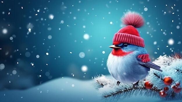 Funny bird in a red hat on the background of winter landscape Generative AI
