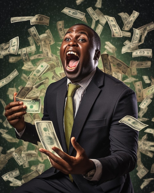 Photo funny black businessman screaming with money