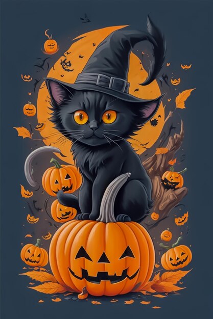 Забавный черный котенок и тыква на Хэллоуин