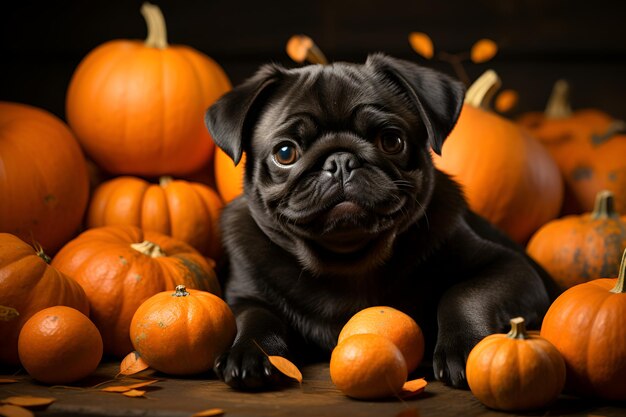 Photo a funny black pug lies among halloween pumpkins autumn holiday concept