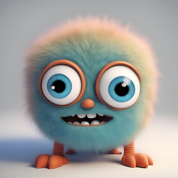 Funny blue fluffy chick with big eyes 3D rendering