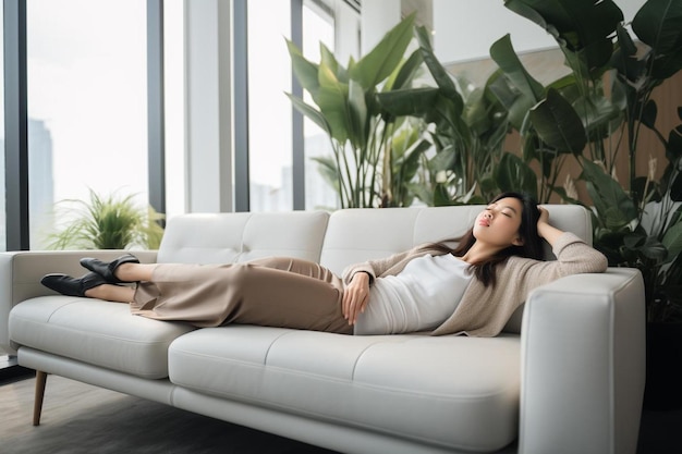 Photo funny bored asian woman lie on sofa waiting for her boyfriend in a boring day