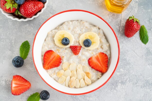 Funny bowl with oat porridge with owl faces made of fruits and berries