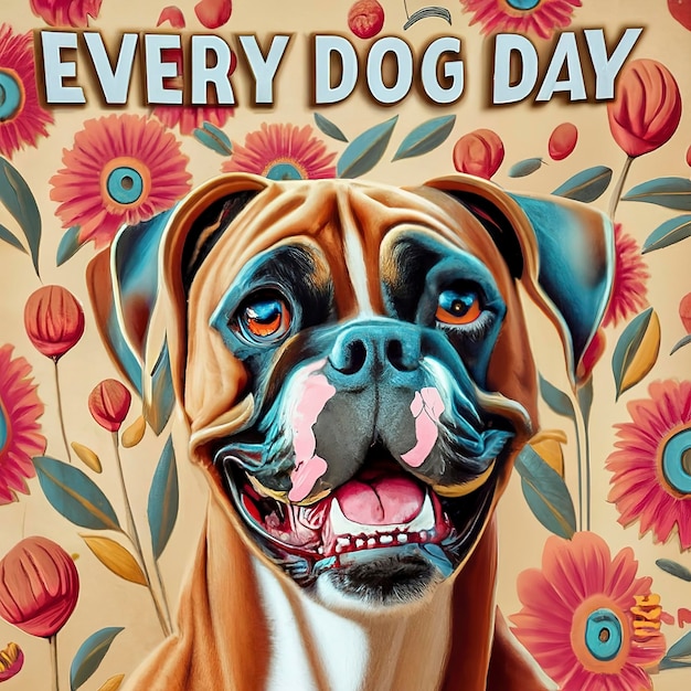 面白いボクサー犬が私に向かって歯を立てて微笑んでいます。タイポグラフィーはすべての犬にその日があるというものです