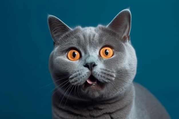 Funny british shorthair cat portrait looking shocked or surprised isolated blue generative ai