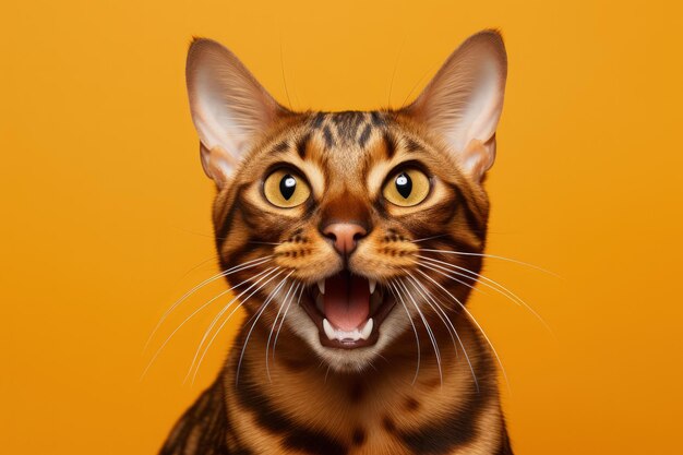 Funny brown bengal cat portrait with open mouth and tongue out looking at camera on orange backgroun